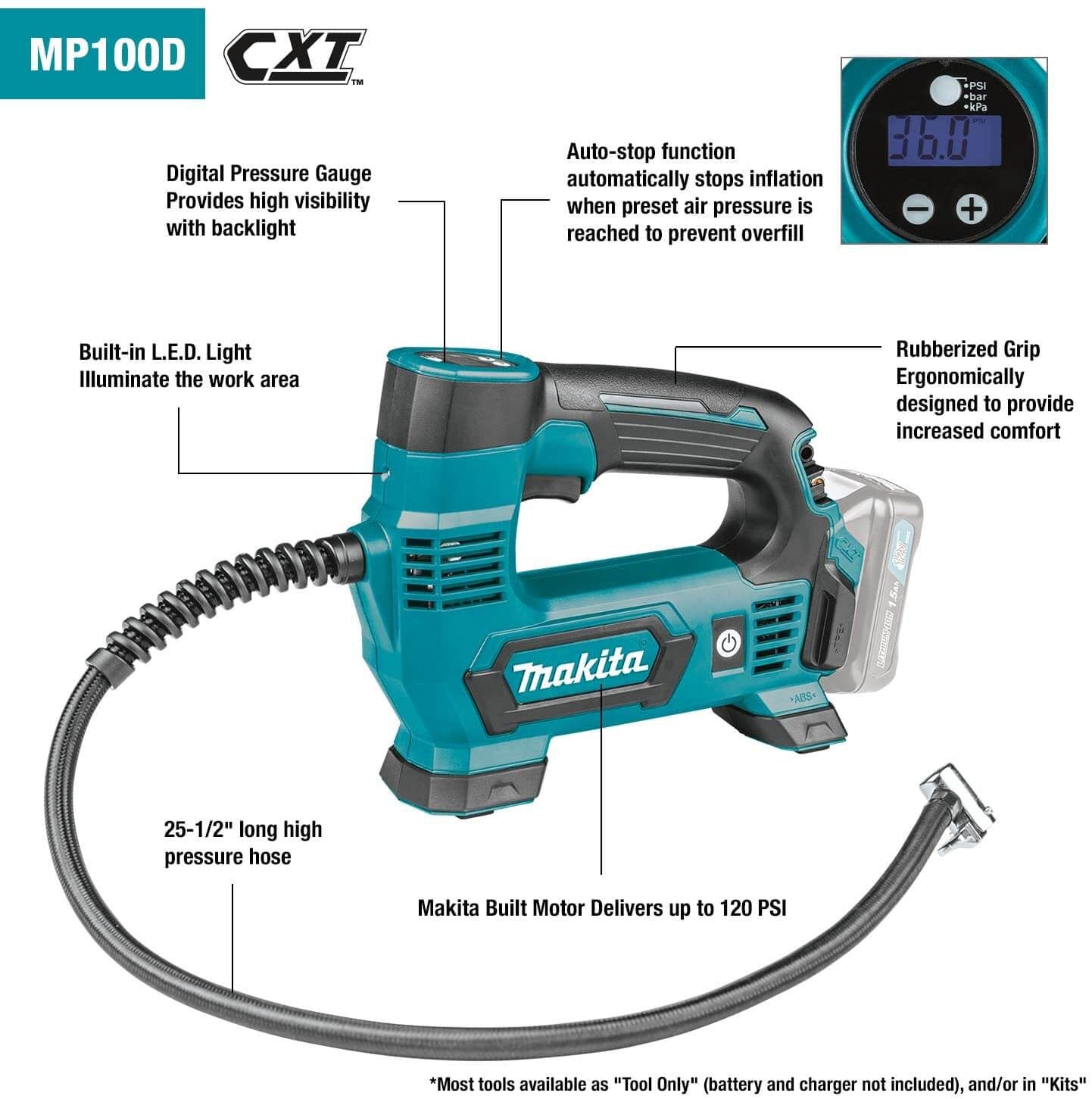 Inflador a batería 12 V max CXT 8,3bar Makita MP100DZ