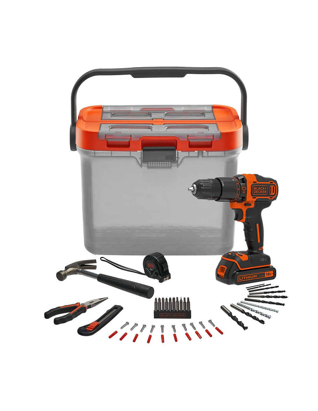 KIT Taladro Percutor 18V + 1 bat + 44 accesorios Black+Decker BCKSB05