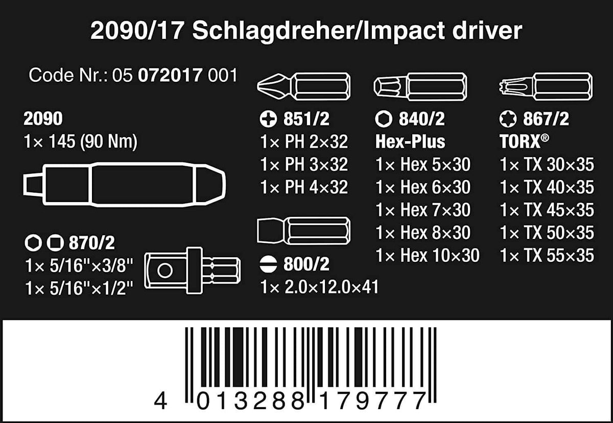 Juego de Destornillador de Golpe 90Nm 17 piezas 2090/17 Wera 072017