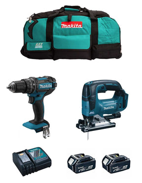 Kit Makita Taladro Percutor DHP482 + Sierra de Calar DJV182 + 2bat 5Ah + cargador + bolsa DLX2181BL2