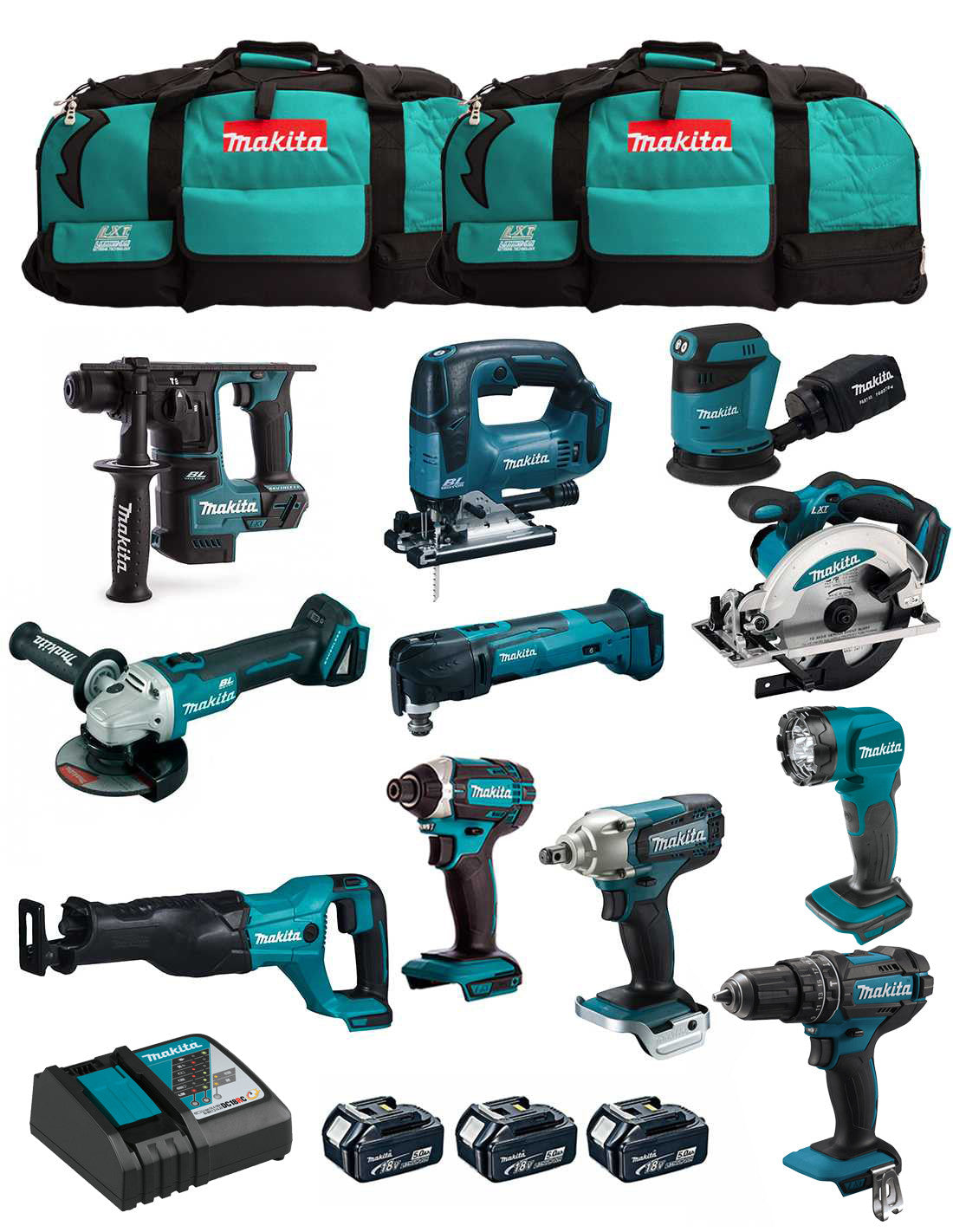 Kit Makita con 11 herramientas + 3 bat + cargador + 2 bolsas DLX1171BL3