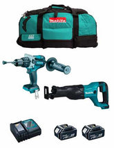 Kit Makita Taladro percutor DHP486 + Sierra sable DJR186 + 2bat 5Ah + cargador + bolsa LXT600 DLX2486BL2