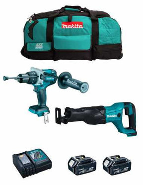 Kit Makita Taladro percutor DHP486 + Sierra sable DJR186 + 2bat 5Ah + cargador + bolsa LXT600 DLX2486BL2