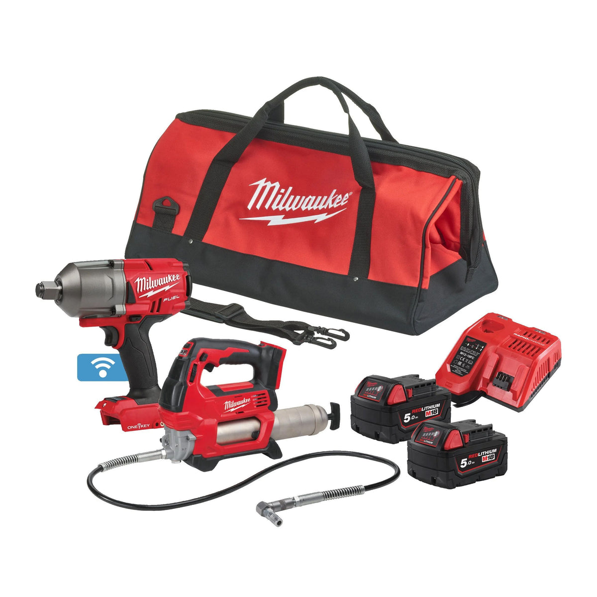 Powerpack Llave de impacto + Engrasadora + 2bat + Cargador + Bolsa Milwaukee M18 ONEPP2Q-502X