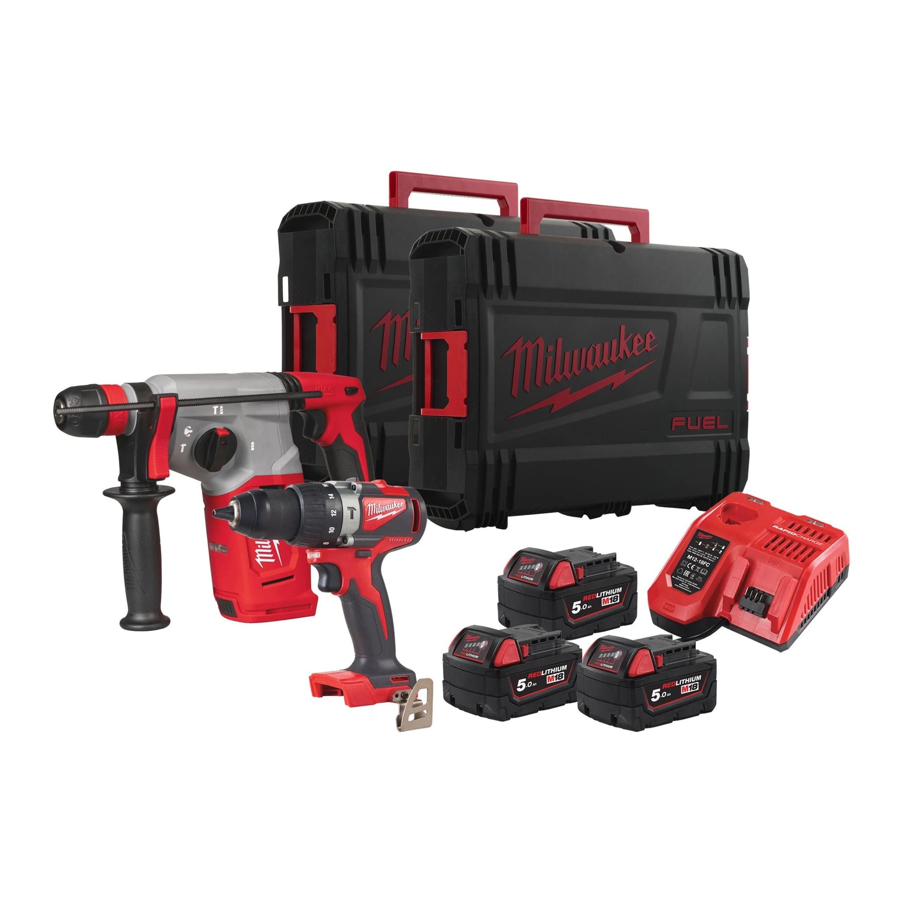 Powerpack Taladro percutor + Martillo combinado + 3bat + Cargador + 2 maletines Milwaukee M18 BLPP2C2-503X