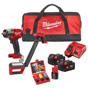 Powerpack LLave de impacto + Lámpara + Vasos de impacto + 2bat 5Ah + Bat 2Ah + Cargador + Bolsa Milwaukee M18 FPP2BH-523BEU