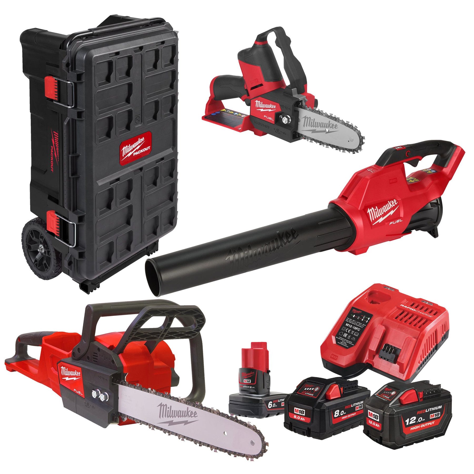 Powerpack OPE5 Motosierra + Soplador + Sierra de poda + 3Bat + Cargador + Baúl Milwaukee M18FPP3OPL5-823P