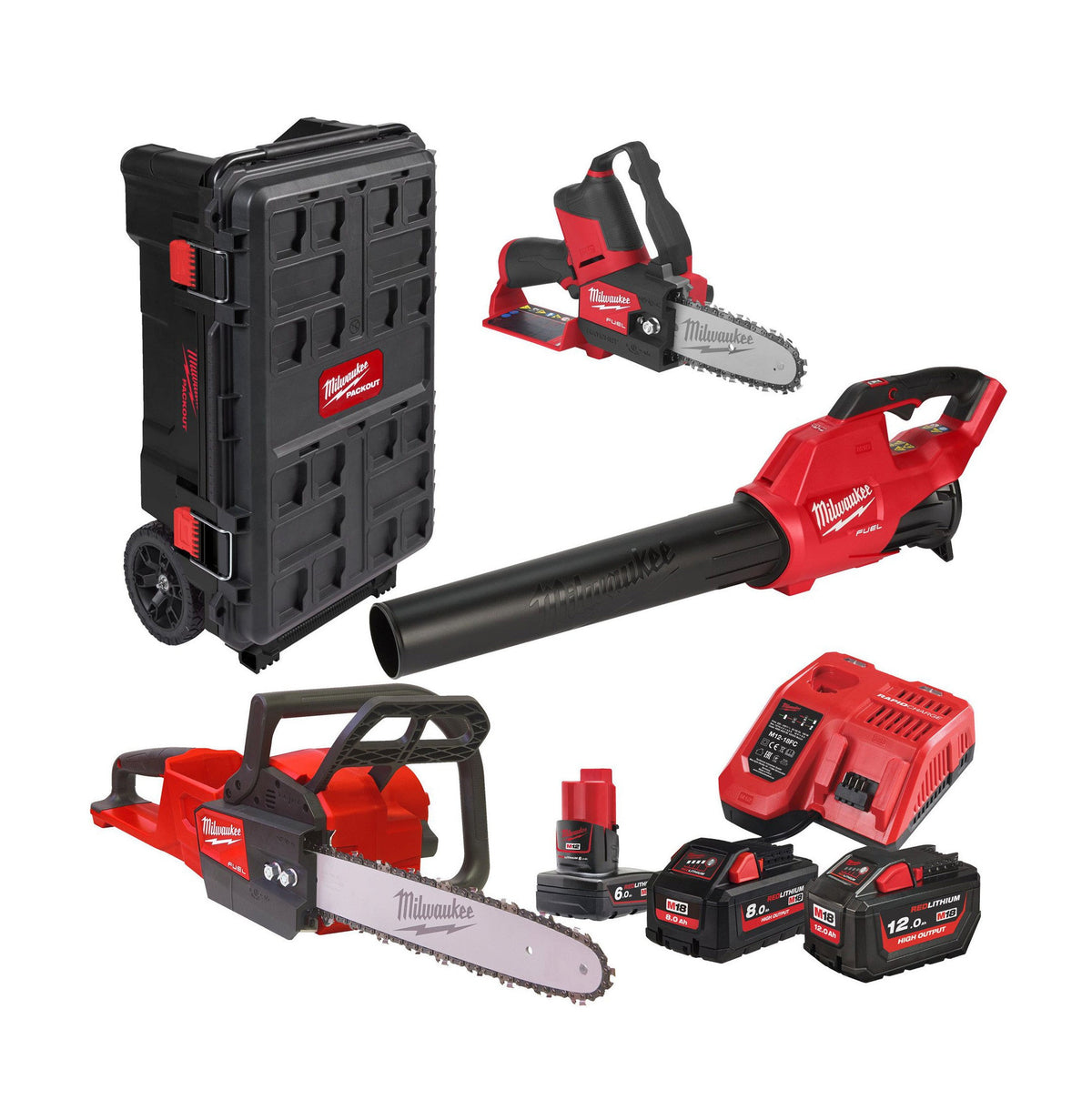 Powerpack OPE5 Motosierra + Soplador + Sierra de poda + 3Bat + Cargador + Baúl Milwaukee M18FPP3OPL5-823P