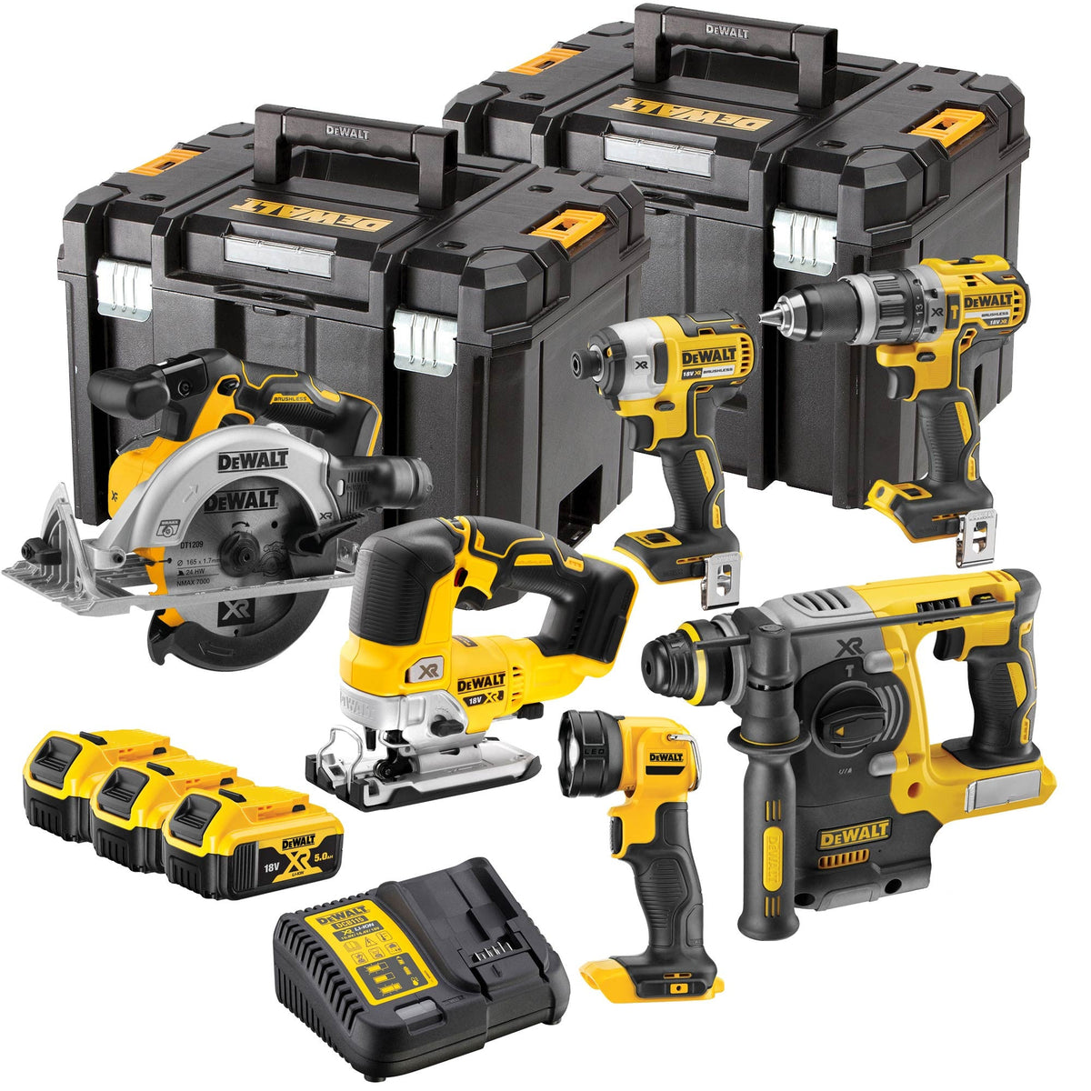 Kit 6 herramientas 18V + 3bat 5Ah + Cargador DCB115 + 2x TSTAK Dewalt DCK690P3T