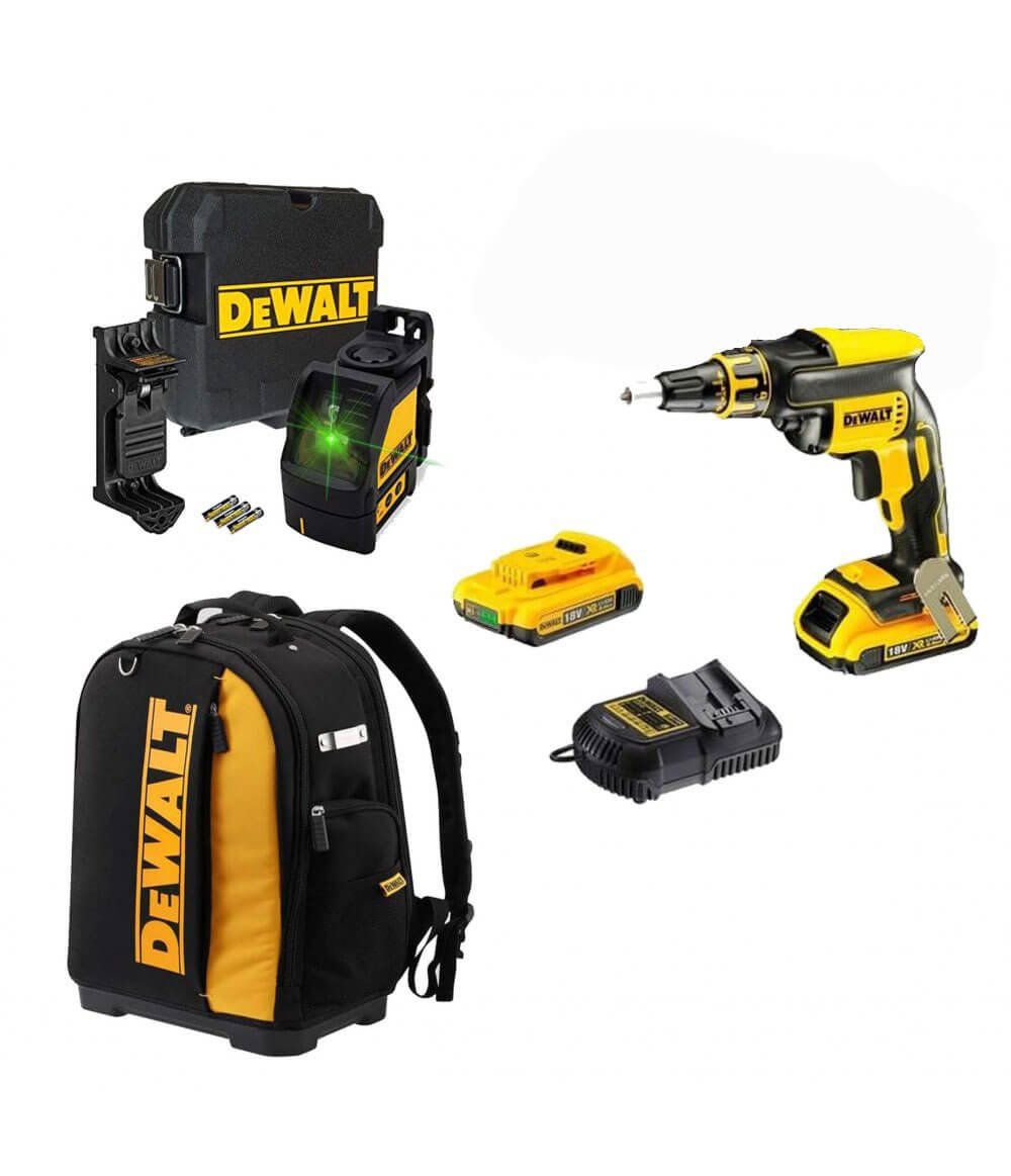 Pladur Atornilladora Combo DCF620 + 2 Baterías 2Ah + Láser DW088CG + Mochila Dewalt CPROF593