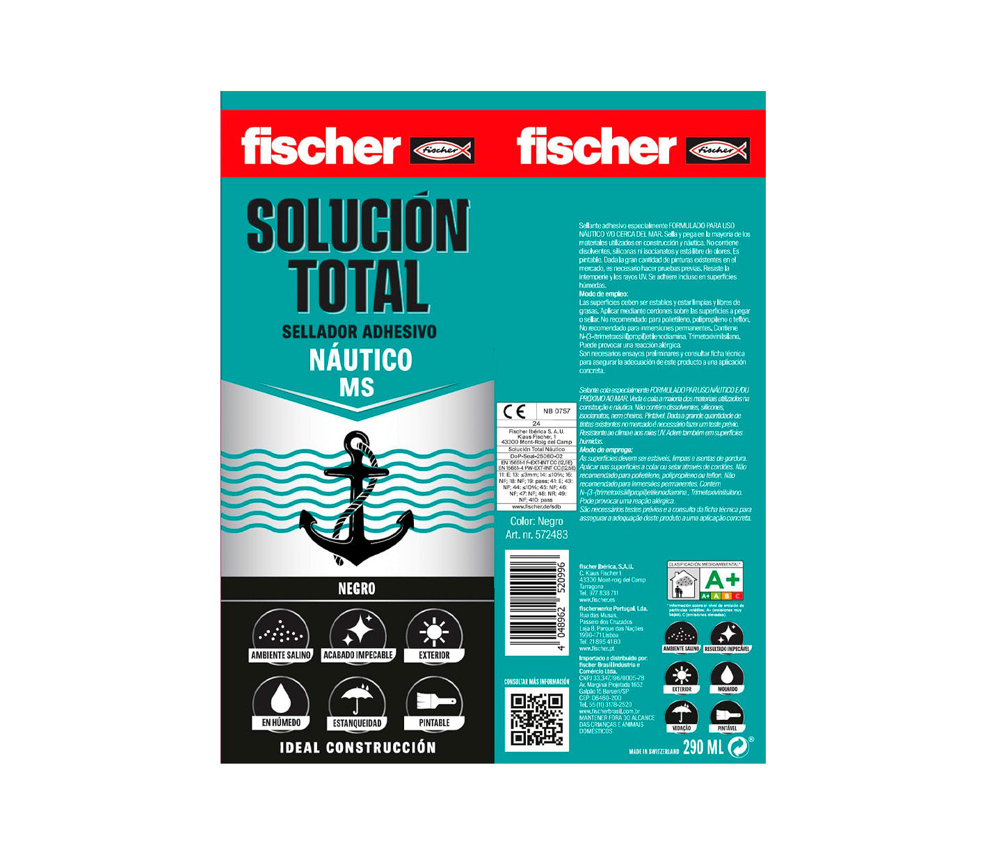 Cartucho Adhesivo Sellador 290ml Fischer MS Especial Náutico